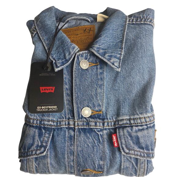 Women's Levi's Denim Ex-Boyfriend Trucker Jean Jacket Long Sleeve Size Medium - Picture 11 of 11